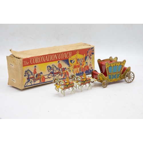 3240 - Wells Brimtoy 'The Coronation Coach', 1953, comprising of Tinplate Coach, 4 x Horse Team with 2 x Dr... 