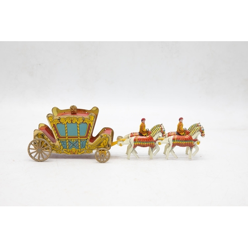 3240 - Wells Brimtoy 'The Coronation Coach', 1953, comprising of Tinplate Coach, 4 x Horse Team with 2 x Dr... 