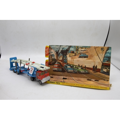 3296 - Corgi Toys 1138 Car Transporter With Fold Tilt Cab 'H' Series Tractor, with original corrugated pack... 