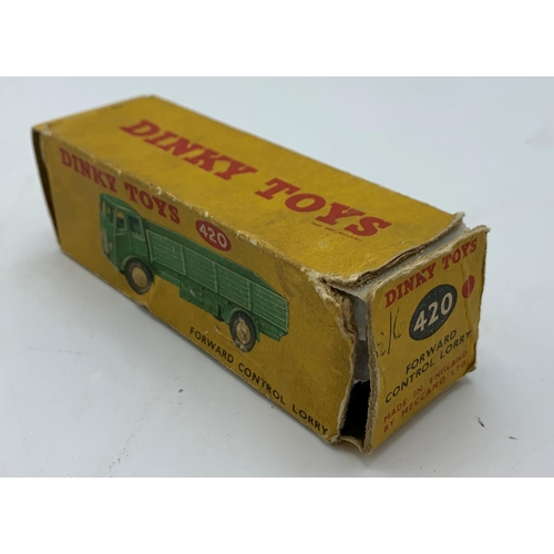 3341 - Dinky Toys 420 Forward Control Lorry, scarce version in red with green wheel hubs, original tyres, M... 