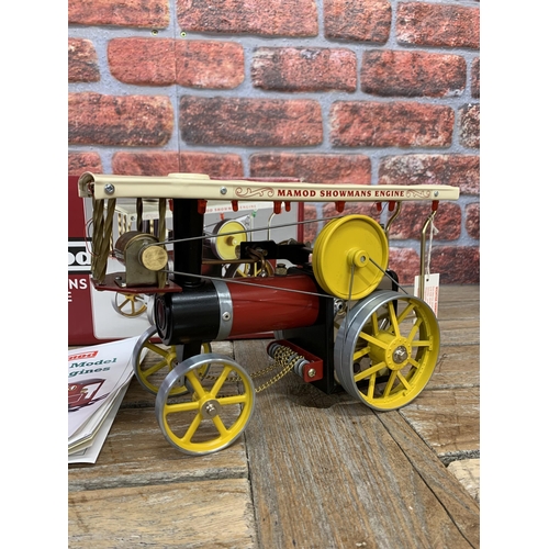 3405 - Mamod showman's engine, finished in maroon with yellow spoked wheels and white canopy, appears compl... 