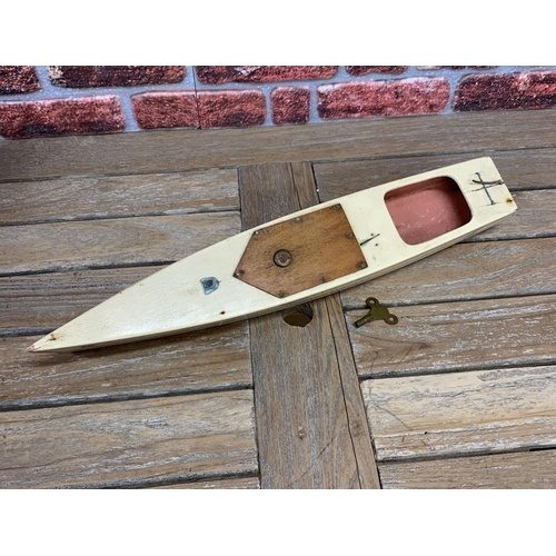 3419 - Boxed Kellner 1930's clockwork Speed boat with original wind key, working propeller, L 63cm