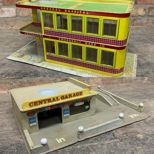 3466 - Vintage Mettoy tin plate hospital with a further wooden 'Central Garage' (2)