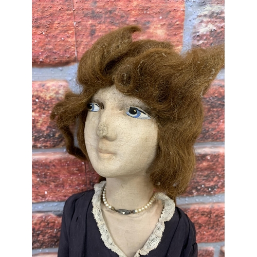 3471 - Unusual early 20th century felt face boudoir doll with enamel painted eyes, wooden arms and legs, in... 