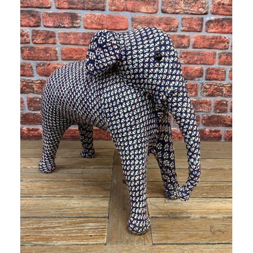 3473 - Handcrafted overstuffed Large Elephant, covered in an attractive blue and white patterned fabric, H5... 