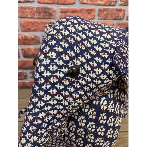 3473 - Handcrafted overstuffed Large Elephant, covered in an attractive blue and white patterned fabric, H5... 