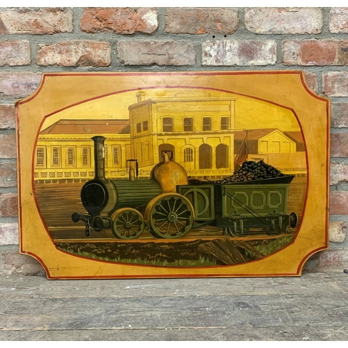 3538 - Large hand painted steam locomotive train wooden sign, 90cm x 60cm