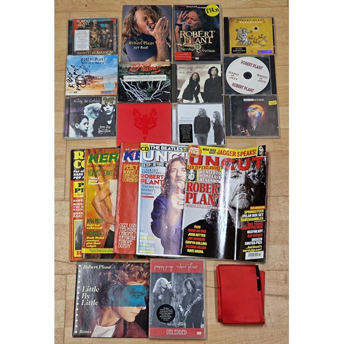 3609 - Assortment of Robert Plant related CD's, magazines, DVD's, with additional 'Red' tour banner, signed... 