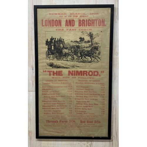 3676 - Antique travel poster 'The Nomrod, London and Brighton, The Fast Coach, Summer Season 1920'. 82 x 45... 