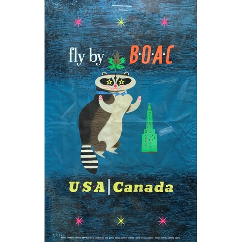 3677 - Vintage 1950s travel poster - 'Fly by BOAC, USA / Canada' with psychedelic racoon, designed by Laban... 