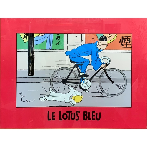 3689 - French Tin Tin 'Le Lotus Bleu' poster, depicting a cycling Tin Tin with Snowy running alongside, 78c... 