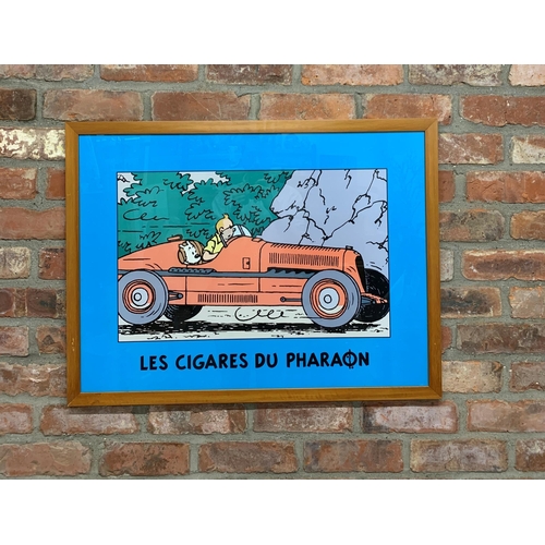 3690 - French Tin Tin 'Les Cigares Du Pharon' poster, depicting a racing Tin Tin with Snowy, both in a clas... 