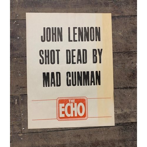 3693 - An original The Echo billboard poster 'John Lennon Shot Dead By Mad Gunman', 50cm x 40cm