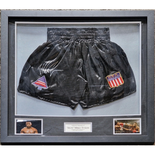 3723 - Boxing - Mike Tyson Hand Signed Black -USA- Boxing Shorts in Deluxe Classic Frame, includes COA to r... 