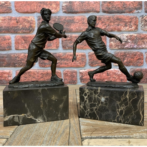 3735 - Max Milo (1938-) Pair of French bronze figures, depicting footballer and tennis player, raised atop ... 