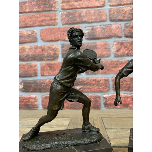 3735 - Max Milo (1938-) Pair of French bronze figures, depicting footballer and tennis player, raised atop ... 