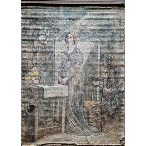 593 - 19th century school - Interior scene with standing lady in mourning, unsigned, oil on unmounted canv... 