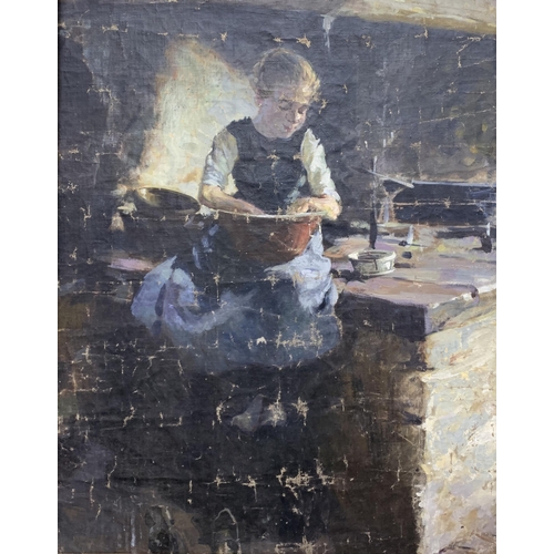 531 - Early 20th century school - Good portrait of a young girl eating from a large terracotta bowl having... 