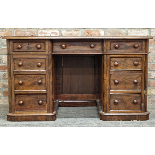 1002 - Victorian mahogany twin pedestal desk fitted with an arrangement of nine drawers, the top with inset... 