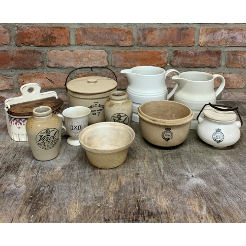 67 - Quantity of mixed antique creamware kitchen ceramics to include banded jugs, salt tub, jars and bowl... 