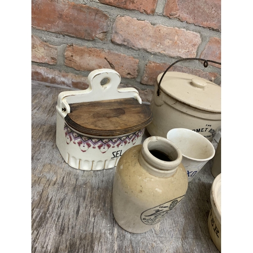 67 - Quantity of mixed antique creamware kitchen ceramics to include banded jugs, salt tub, jars and bowl... 