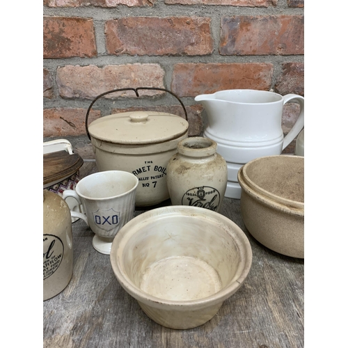 67 - Quantity of mixed antique creamware kitchen ceramics to include banded jugs, salt tub, jars and bowl... 