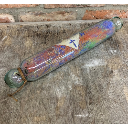 74 - 19th century painted glass sweetheart valentine rolling pin, dedicated to 'Robert Butterworth, Smeth... 