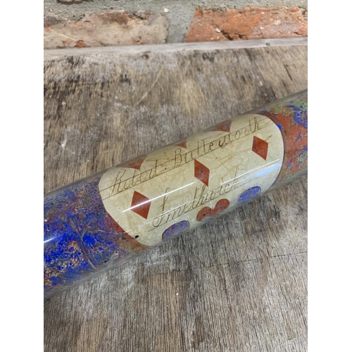 74 - 19th century painted glass sweetheart valentine rolling pin, dedicated to 'Robert Butterworth, Smeth... 