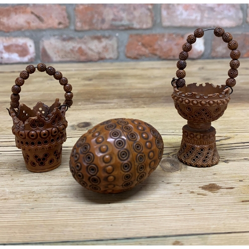 77 - Two Victorian hand carved treen coquilla nut baskets with similar cocquilla egg shaped sewing box (3... 