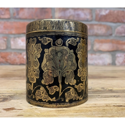 125 - Antique Persian niello enamel and brass lidded pot, H 9cm