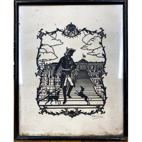 134 - Friedrich Kaskeline (1863-1931) - Ferdinand with dogs, signed, papercut silhouet, 29 x 23cm, framed