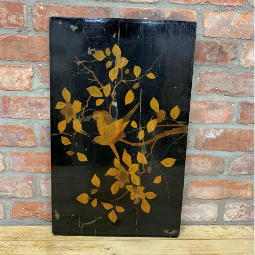 164 - Chinese lacquered panel of birds amidst foliage, gilt highlights, 67 x 41cm