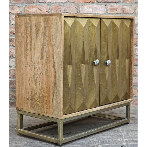 1021 - Graham and Green side cabinet, stylised brass doors, teak frame, H 78 cm x W 76 x D 40