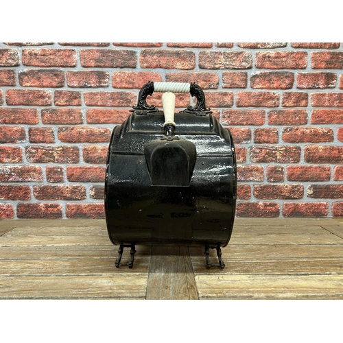 18 - Victorian black tin coal scuttle with original scoop having white ceramic finish to handles