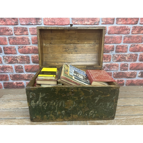 26 - Antique hand painted domed trunk with assortment of books, 52cm x 32cm x 35cm