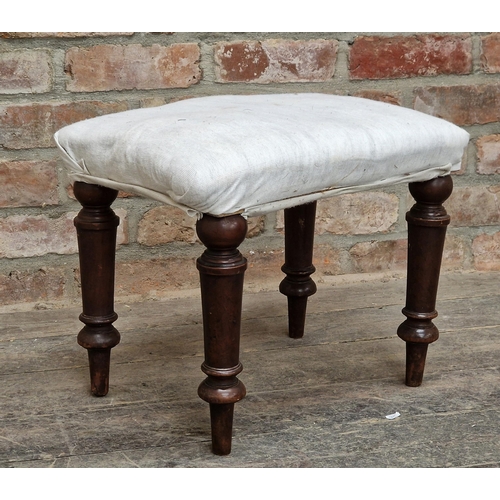 1036 - Antique mahogany upholstered footstool on turned supports, H 38cm x W 45cm x D 37cm