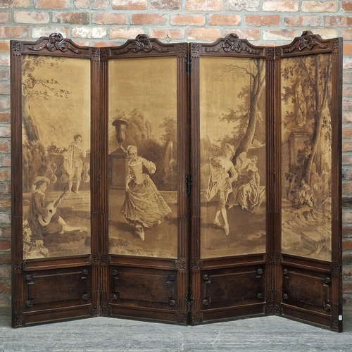 1046 - Good quality French 19th century Louis XVI revival walnut four panel screen, fitted with hand pained... 