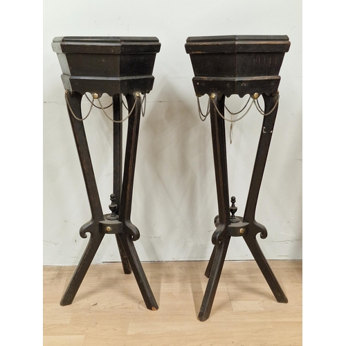 1048 - A pair of 19th century ebonised hexagonal jardiniere stands, the wavy aprons with brass studded and ... 