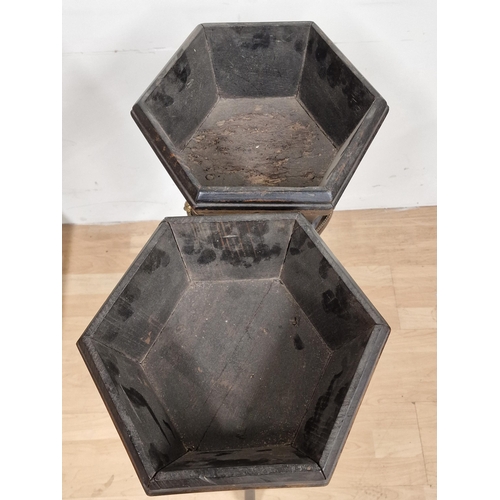 1048 - A pair of 19th century ebonised hexagonal jardiniere stands, the wavy aprons with brass studded and ... 