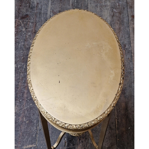 1068 - Gilt painted oval side table with carved floral detail, H 74cm x W 60cm x D 40cm