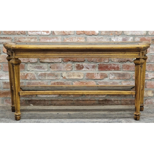 1070 - Classical style burr elm veneered two tier console table, fitted with smoked glass panels, H 67xm x ... 