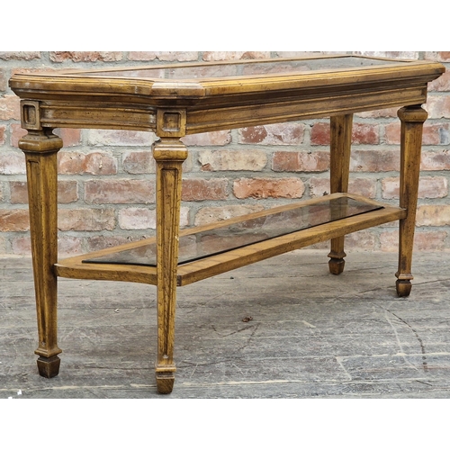 1070 - Classical style burr elm veneered two tier console table, fitted with smoked glass panels, H 67xm x ... 