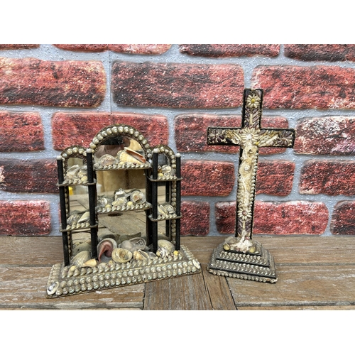 162 - Two antique seashell folk art ornaments to include crucifix and miniature shelf display (2)