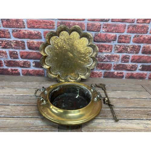 168 - Assortment of antique brassware to include lotus flower middle eastern tray, large incense burning b... 