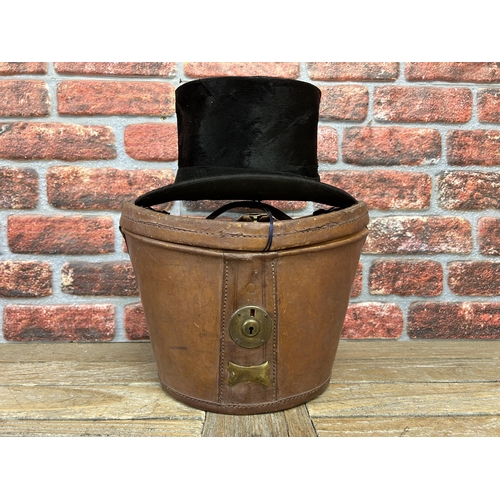 186 - Antique Keith Scott of Dundee top hat with brown leather storage case