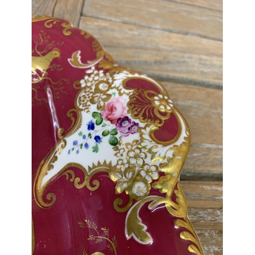 647 - Early 19th century H&R Daniel shell shaped ceramic dish having rich claret ground with a gilt bird a... 