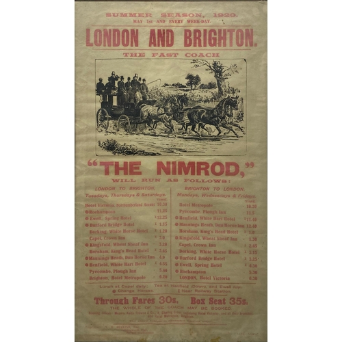 677 - Antique travel poster 'The Nimrod, London and Brighton, The Fast Coach, Summer Season 1920'. 82 x 45... 