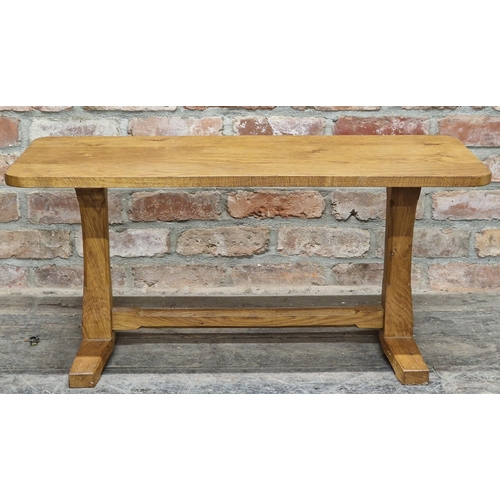 679 - Cotswold school style oak side table with chamfered supports, H 43cm x W 90cm x D 38cm