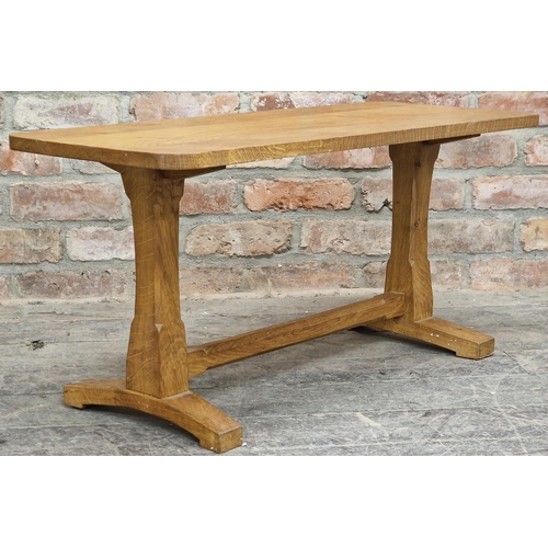 679 - Cotswold school style oak side table with chamfered supports, H 43cm x W 90cm x D 38cm