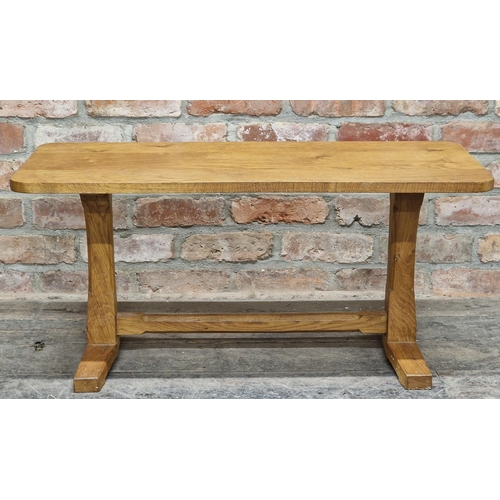 679 - Cotswold school style oak side table with chamfered supports, H 43cm x W 90cm x D 38cm